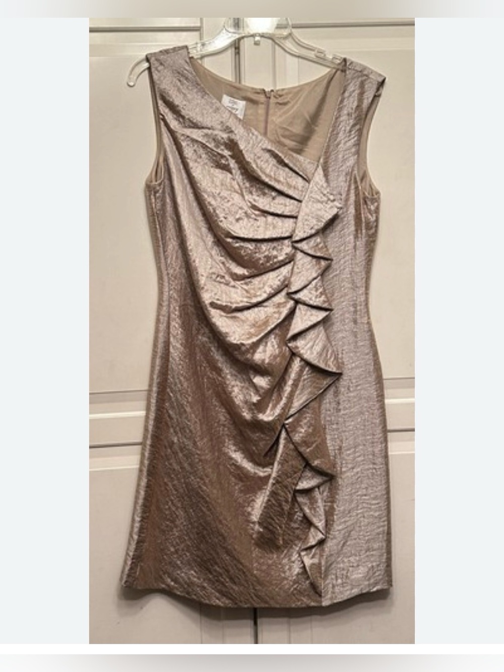 Suzi Chin Metallic Champagne Ruffle Sheath Dress